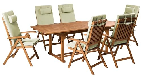 Beliani 6 Seater Garden Dining Set Acacia Wood Foldable Chairs Green Cushions Java Premium