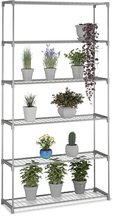 Relaxdays plant stand, HxWxD: 174 x 91 x 28 cm, 6 tiers, easy assembly, metal & plastic, greenhouse shelving, grey | Plug-in system, metal and plastic, greenhouse shelf