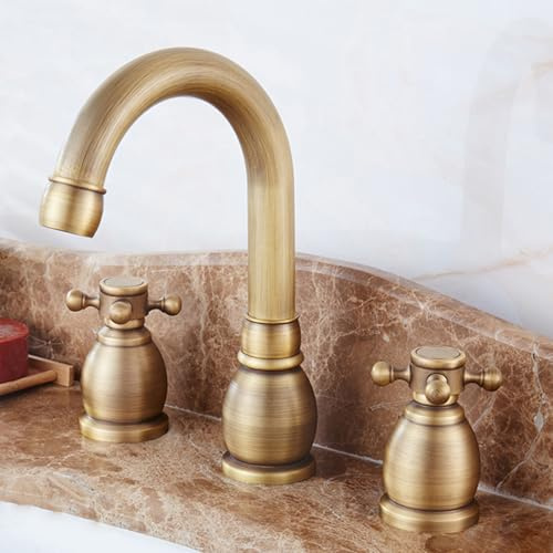 XJTNLB Robinet Lavabo 3 Trous Col de Cygne Mitigeur Retro Salle de Bain Antique Robinet Salle de Bain Deux Poignées et Trois Trous Lavabo en Croix