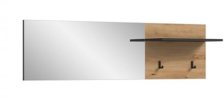 xonox.home – Garderobenpaneel inkl. Spiegel Canu 150x40x22 cm in Artisan und Basalt grau – Kompakte Flurgarderobe mit Ablageboden & 2 Haken – Platzsparende Wandmontage für Jacken & Accessoires im Flur