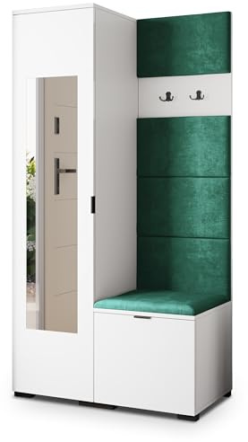 Masseno Flugarderoben Set VIRA, Kleiderschrank-Set mit Spiegel und Sitzbank, Garderobenschrank Flur mit 3 Regalböden, Weiß