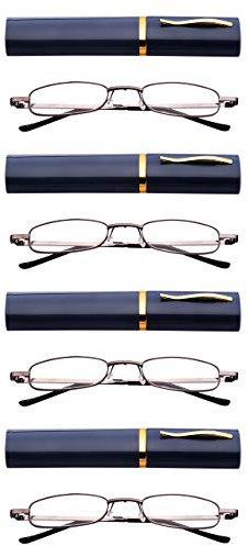 Fads & Fashions 4 x Pen Holder Grey Frame Compact Reading Glasses with Aluminium Case MT74 (4 x Grey Frame with Grey Case, +2.5)