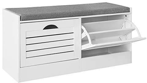 SoBuy FSR62-W Sitzkommode Schuhkipper mit Sitzfläche Schuhtruhe 2 Klappen mit Schuhfach Landhausstil Weiß BHT ca.: 97x46x30cm