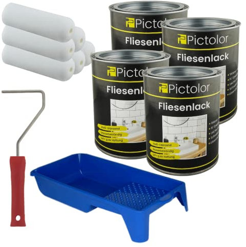 4x Pictolor Fliesenlack 0,75 Liter weiß + Farbroller + Farbwanne + 6x Walze