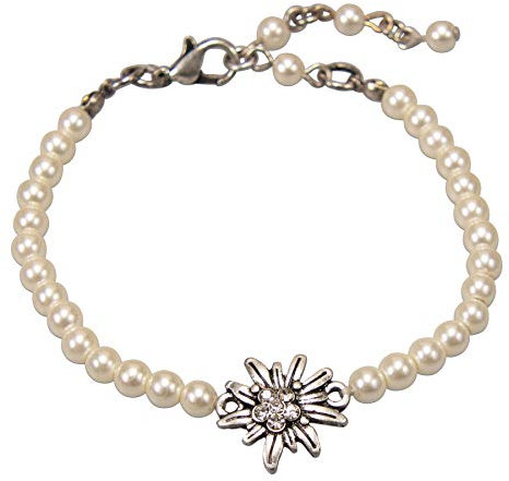 Alpenflüstern Perlen-Trachten-Armkette Strass-Edelweiss - Damen-Trachtenschmuck mit antik-silber-farbenem Trachten-Edelweiss, Trachten-Armkette, Perlenarmband creme-weiß DAB074