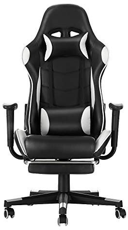 Gaming Chair, Racing Style Office High Back Ergonomic Conference Work Chair Reclining Computer PC Swivel Desk Chair 170 Degree Reclining Angle with Headrest, Lumbar Cushion & Footrest (White)