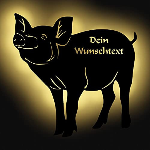 Namofactur Schwein Sau Schweine-Zucht Metzger Geschenkidee Deko Holz Wand-Lampe Geschenke personalisiert I Batteriebetrieben