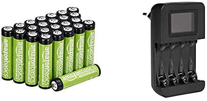 Amazon Basics AAA-Batterien, 800 mAh, wiederaufladbar, 24 Stück & Intelligentes, digitales Akku-Ladegerät für 4 AA-, AAA-Akkus