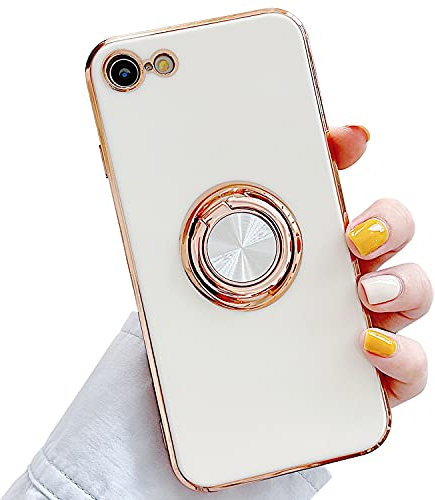 LRANKAI Compatible with iPhone 7/8/SE 2020 Ring Holder Case for Women Girls,Built-in 360 TPU Rotation Kickstand Rings Cases with Magnetic Mount Shockproof Protective Cover for iPhone 7/8/SE 2020-White