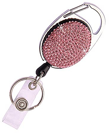 Bling Strass Einziehbare Ausweisrolle, Glitzer-Ausweishalter mit Gürtelclip und Schlüsselring, Zugschnur bis zu 61 cm, Geschenk für Damen und Mädchen, 1 Stück, Rosa