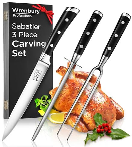 Professional Sabatier Carving Knife Set with Carving Fork and Sharpening Steel - 3 Piece Carving Set X50CrMov15 Stainless Steel Razor Shape Blade - Full Tang Riveted Handles - Wooden Boxed