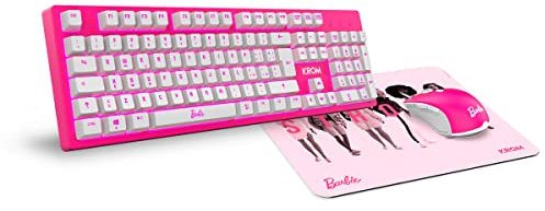 KROM Kit tastiera, mouse e tappetino per mouse Barbie KANDY - Tastiera a membrana a LED, mouse ottico da 6400 DPI, tappetino in gomma morbida e resistente, layout italiano, colore rosa
