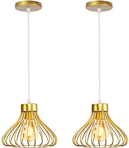iDEGU 2 Piezas Lámparas de Techo Industriales Lámpara Colgante Estilo Vintage 23cm Pantalla de Metal en Forma de Jaula Negra Luz Colgante para Cocina Comedor Salón Bar Pasillo Restaurante (Dorado)