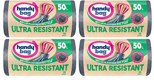 Handy Bag - Sacs poubelle à lien pratique Ultra Résistant 50L x 10 sacs - Fond anti-fuite - Étanchéité maximale - Lien Pratique attaché en haut du sac - 100% plastique recyclé - Pack de 4