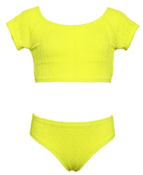 Hobie Girls' Cap Sleeve Bralette Bikini Top & High Waist Bottom Swimsuit Set, Citron//Apple of My Eyelet, 7