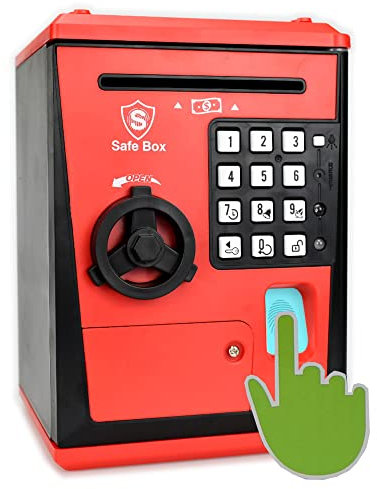 Kids Safe Bank with Fingerprint Password Talking ATM Piggy Bank for Real Money Toy Gift for 6-14 Years Old Boys Girls (Black/Red)