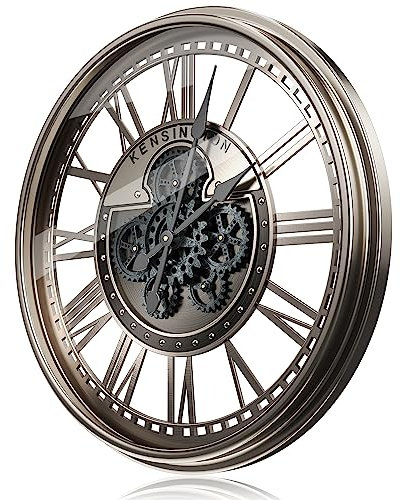 TOKTEKK 70 cm große Wanduhr mit echten beweglichen Zahnrädern, moderne Metall-dekorative übergroße industrielle Steampunk-Wanduhr für Wohnzimmer-Dekor (römische graue Bronze)
