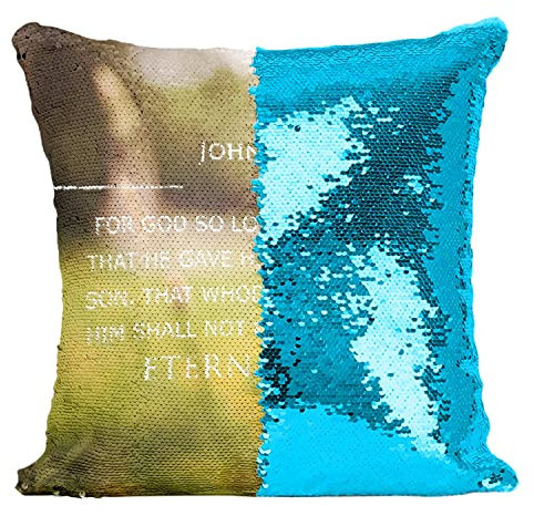 Fabulous Kissen mit Paillettenbezug Türkis Ewiges Leben John 3:16 Bible Verse Spiritual Religious Quote