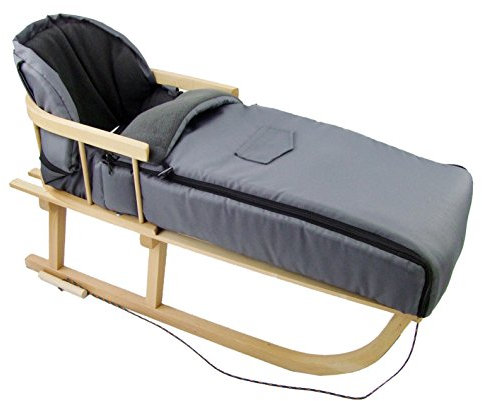 Kombi-Angebot Holz-Schlitten mit Rückenlehne & Zugseil + universaler Winterfußsack (108cm), auch geeignet für Babyschale, Kinderwagen, Buggy, Thermofleece Uni (dunkelgrau + Schlitten)