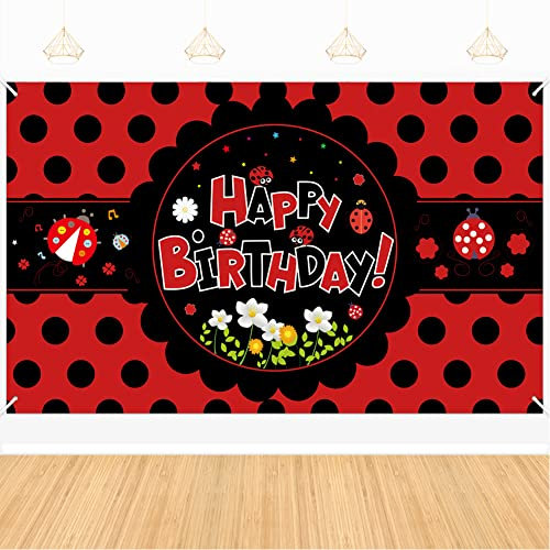 Ladybug Happy Birthday Hintergrund Banner 180x109 cm, niedlicher Marienkäfer, rot und schwarz, gepunktet, Dekoration, Hintergrund, Fotoautomaten-Requisiten für Mädchen, Kinder, Party, Babyparty
