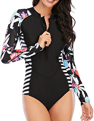 Alomejor Damen Neoprenanzug One Piece Shorty Neoprenanzug Langarm Warm Halten Reißverschluss Vorne Schwarz Tauchen Schwimmen Suifing Schnorcheln (Schwarz)