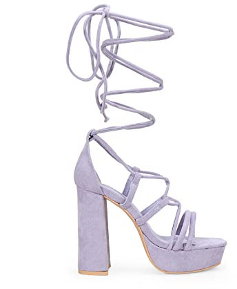 BOSANOVA Sandalias de Ante con Varias Tiras Cruzadas al Empeine. Plataforma de 3 cm tacón de 11,5 cm. Cierre con Cordones Estilo Lace-up. Calzado para Mujer Lila 41
