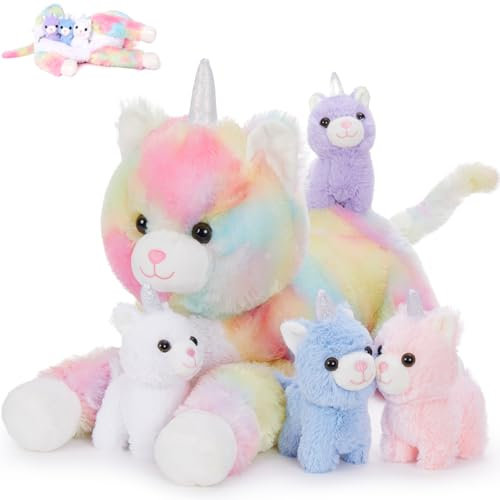 MorisMos Katze Einhorn Kuscheltiere mit 4 Baby im Bauch,60cm Weich Plüsch Caticorn Stofftier, XXL Kuschelig Katze Einhorn Spielzeug, Stuffed Toy Geburtstag Geschenk für Kinder