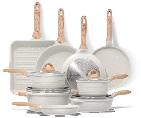 JEETEE 23pcs Pots and Pans Set Non Stick, White Cookware Sets for Kitchen, w/Frying Pans, Saucepans, Sauté & Griddle & Crepe Pan, Induction Cooking Pots (PFOA/PFAS/PFOS Free)