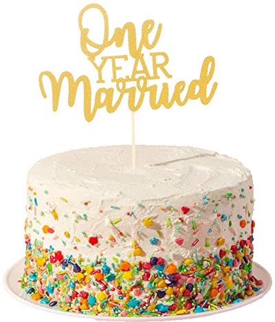 Kuchendekoration mit Aufschrift One Year Married, zum ersten Jahrestag, goldfarben, glitzernd, Dekoration für die erste Hochzeit, Party-Dekoration