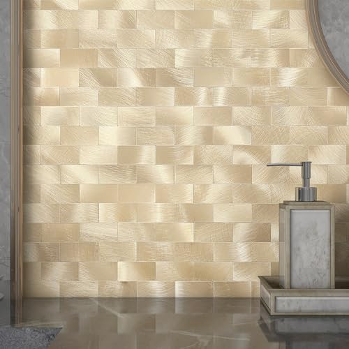 VAOVI Stick on Tiles Kitchen Splashbacks Stickers Self Adhesive Brick Wall Backsplash Metal Mosaic Panels(5sheets,Gold)