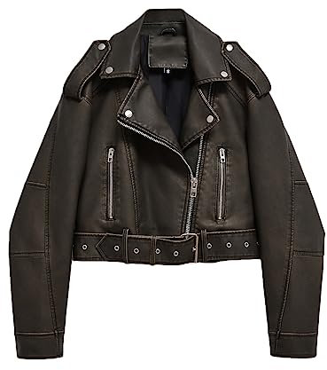 LY VAREY LIN Kurze Damenjacke aus Kunstleder, Revers, Reißverschluss, Biker-Kurzmantel mit Gürtel, 2371 dunkelgrün, Small