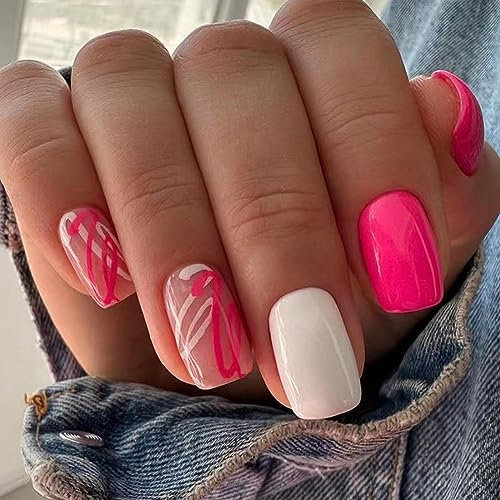 AKOFIC 24 Pièces Faux Ongles Court Carré, Faux Ongles à Coller French, Rose Blanc Press on Nails avec Gel Pad, Glazed Faux Ongles Sans Colle Reutilisable pour Femmes et Filles