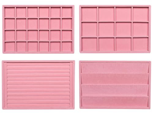 Frebeauty Stapelbare Samt-Schmuck-Organizer-Tabletts für Schubladen, Einsätze, Schmuckaufbewahrung, Vitrine, Ohrstecker, Armbänder, Halsketten, Ringe, Accessoires, Tabletts für Damen (4er-Set) (Rosa)