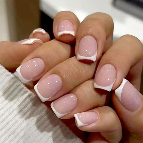 Irikdescia® Faux ongles à presser français carrés courts avec bâton de colle à gelée et lime à ongles réutilisables pour décoration d'ongles DIY (bord rose et blanc)