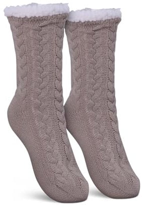 Bestlivings Haussocken Damen mit Teddyfutter - Hüttensocken mit Anti-Rutsch-Sohle - ABS Norweger Socken Zopfmuster - Kuschelsocken Einheitsgröße Stopper (Beige (1 Paar))