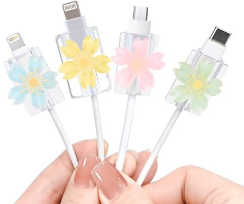 Cute Cable Protector for iPhone Type-c Charger, 4 pcs Charging Cord Protector Anti-Break Glitter 3D Cherry Blossom Flower Design,Cord Cover, Cable Sleeve, Cable Chomper (Pink&Green &Yellow&Blue)