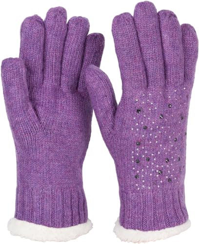 styleBREAKER Damen Handschuhe mit Strass und Fleece, warme Thermo Glitzer Strickhandschuhe, Fingerhandschuhe, Winter 09010010, Farbe:Violett