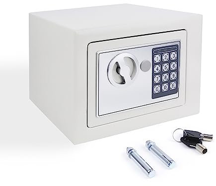Security Safe Box Cash Box, 4.6L Small Cabinet Safe 17cm x 23cm x 17cm, Digital Keypad Safety PIN Code, with 2 Keys, Easy to Mount for Home, Business, Office (White)