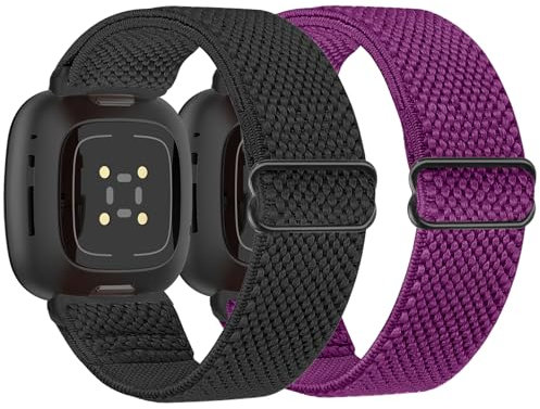 Tiptops 2 Stück Nylon Armband Kompatibel mit Fitbit Versa 4/3, Sense 2/Sense für Damen/Herren - Sport Elastisches Verstellbares Uhrenarmband