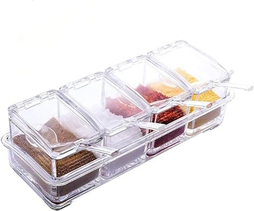 PEBBLE HUG Acrylic Spice Rack Storage Container, Crystal Clear Seasoning Box, Condiment Jars Cruet With Cover & Spoon, Multi-Purpose, Kitchen Organizer, (Set Of 4)