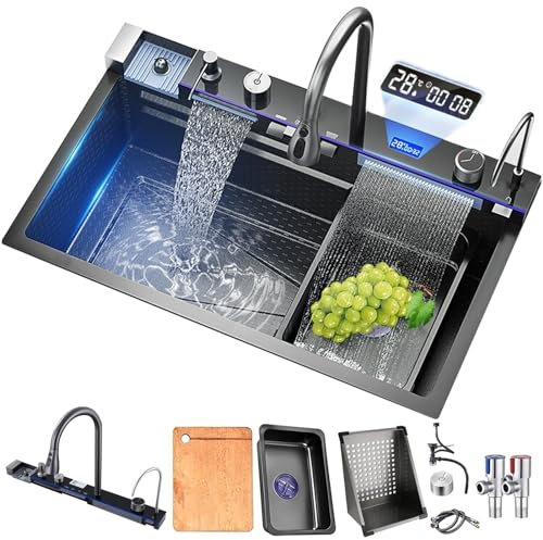 Juego de fregadero de cocina, fregadero de cascada nano de acero inoxidable 304, lavabo para verduras, fregadero individual, fregadero en relieve de panal con dos cascadas (68x45x22CM)