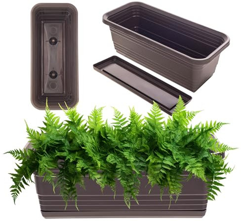 KADAX Jardinière avec soucoupe, avec ou sans supports de jardinière, pot de balcon en plastique, bac à plantes, jardinière de balustrade, pot de fleurs (moka, 40 cm)