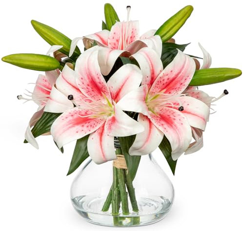 Oairse Artificial Flowers Tiger Lily Faux Pink Lilies Flower in Glass Vase with Faux Water Realistic Easter Lily Fake Flora Arrangements for Easter Decor Home Office Bedroom Wedding Spring Decoration