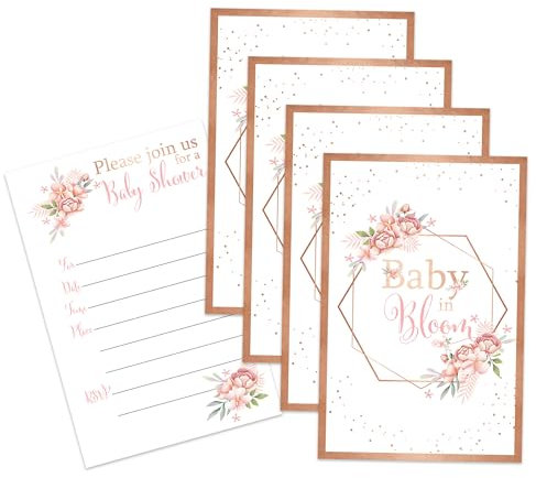 Birthday Galore Baby in Bloom Baby Shower Invites For Spring Rose Gold Flower Shower Theme - 20 Count of 4 x 6 Inch Double Sided Fill-In Invitations With Wet To Seal Envelopes