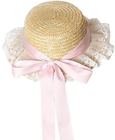 Chapeaux de plage en paille d'été pour femme à large bord en dentelle pour chapeaux de soleil fleurs mignon chapeau plat ruban chapeaux de paille plage à grand bord, rose, M
