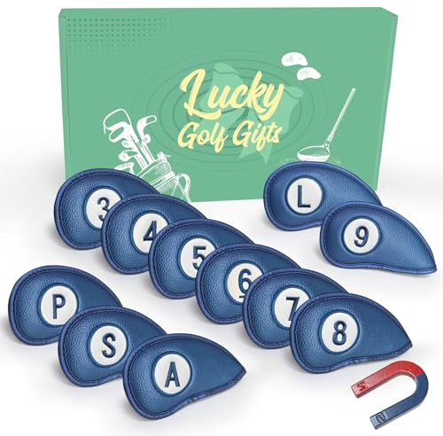 AMRTA Golf Iron Head Covers for Golf Clubs Synthetic Leather with Gift Box, Deluxe Club Headcover Universal Fit Main Iron Clubs Great Gift for Golfer Men Women (Magnetic Closure 11 Pcs-Blue)