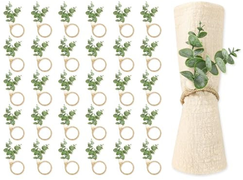 JarThenaAMCS Serviettenringe mit Eukalyptusblättern, 60 Stück, Holzperlen, Bauernhaus-Serviettenhalter, grüne Serviettenschnalle für Hochzeiten, Weihnachtsfeiern und Ostertischdekoration