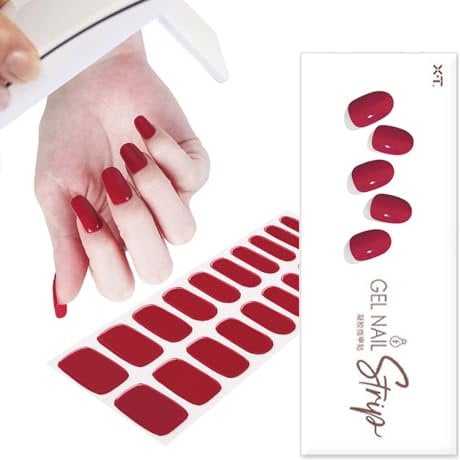 20PCS Red Gel Nail Stickers - Soft Semi-Cured Strips - Bright Color Self-Adhesive - UV/LED Lamp Required Easy Apply & Remove Wraps for DIY Arts