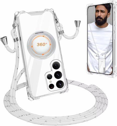 360 Grad Drehbare Ring Hülle für Samsung Galaxy S23 Ultra Kompatibel mit MagSafe, Handykette für Samsung Galaxy S23 Ultra Hülle mit Band,Dünn Stoßfeste Handyhülle mit Ständer & Ring Halter ,weiß