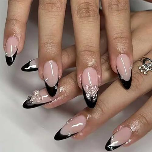 Hebterrka 24 Stück Press On Nägel Mittel Perlenschwarz, Mandel Glänzend, 3D Kunstnägel, Französische Künstliche Fingernägel, Maniküre für Frauen und Mädchen